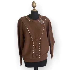 Maurada Brown Vintage Knit Sweater with Faux Pearls Size Large